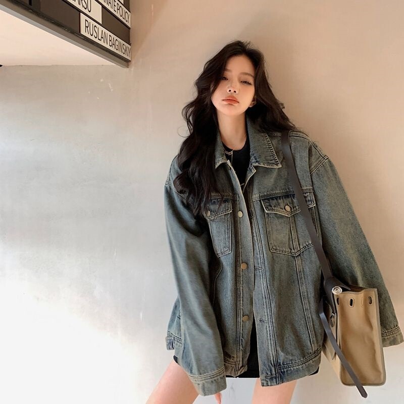 Loose and Slim Retro Washed Denim Jacket for Women 2023 Spring & Fall New Style Mid-Length Fashion Versatile Jacket Top