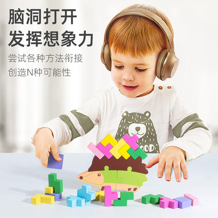 Los niños de madera de educación temprana erizo Jenga color cognitivo equilibrio bloques de construcción rompecabezas ruso dos en uno de juguete