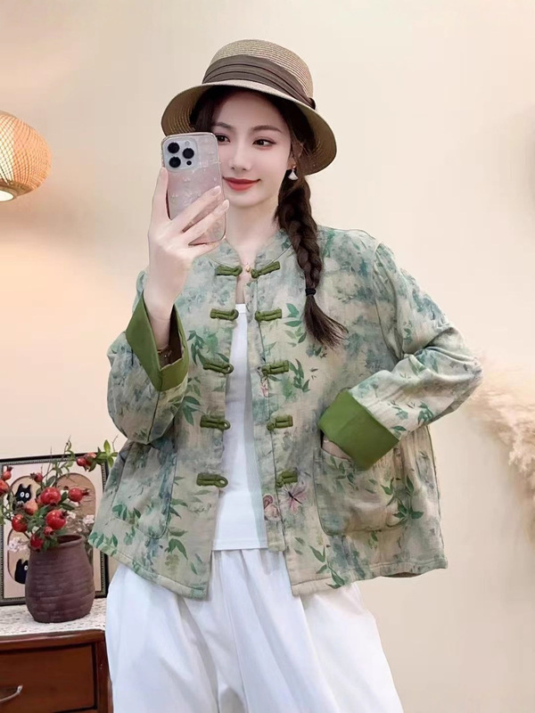 古咖服饰秋季新款文艺盘扣衬衫长袖拼接短外套女复古气质印花上衣|undefined