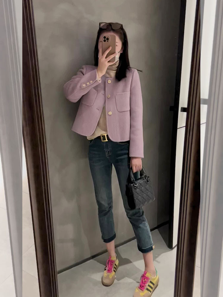 新款紫色小香风短款外套法式名媛气质小个子休闲西装上衣609145