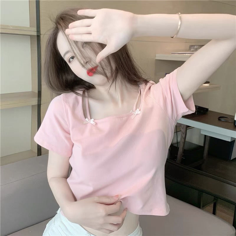 2022 Summer Hot Girl Hyuna Style Pink Square Neck Short Sleeve T-Shirt for Women, Niche Short Top, Royal Sister Style 2022 Summer Hot Girl Hyuna Style Pink Square Neck Short Sleeve T-Shirt for Women, Niche Short Top, Royal Sister Style