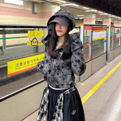 美式满印星星字母刺绣休闲卫衣女春秋宽松慵懒风拉链开衫连帽外套