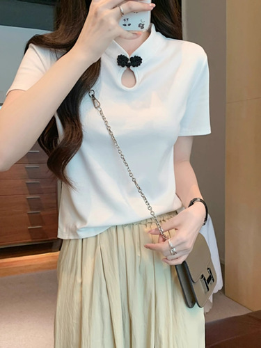 New Chinese Style Embroidered Collar Top with Short Sleeve for Spring 2025, Women's Casual Half Collar T-Shirt