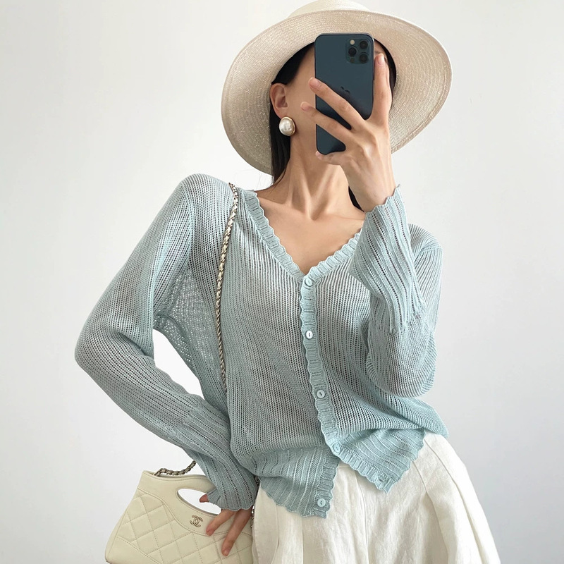 Zhengqi Special Apparel/2026 Summer Sun-Protective Hollow Out Bell Sleeve Knit Shirt Tencel Linen V-Neck Cardigan Air Conditioning Shirt for Women