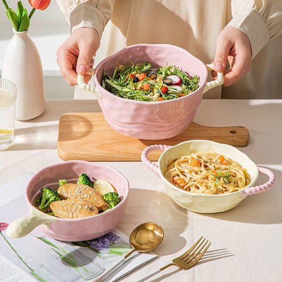 Ins Color Matching High-End Ceramic Handle Bowl Baking Bowl High-Value Plate Atmosphere Instant Noodle Bowl Fruit Yogurt Bowl