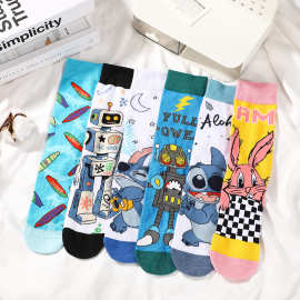 卡通图案中筒休闲袜子个性时尚潮流可爱高帮男女舒适棉袜批发