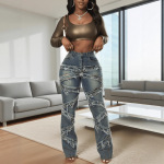 ins风个性做旧缠绕设计高腰牛仔裤女式街头潮酷显瘦喇叭裤时髦