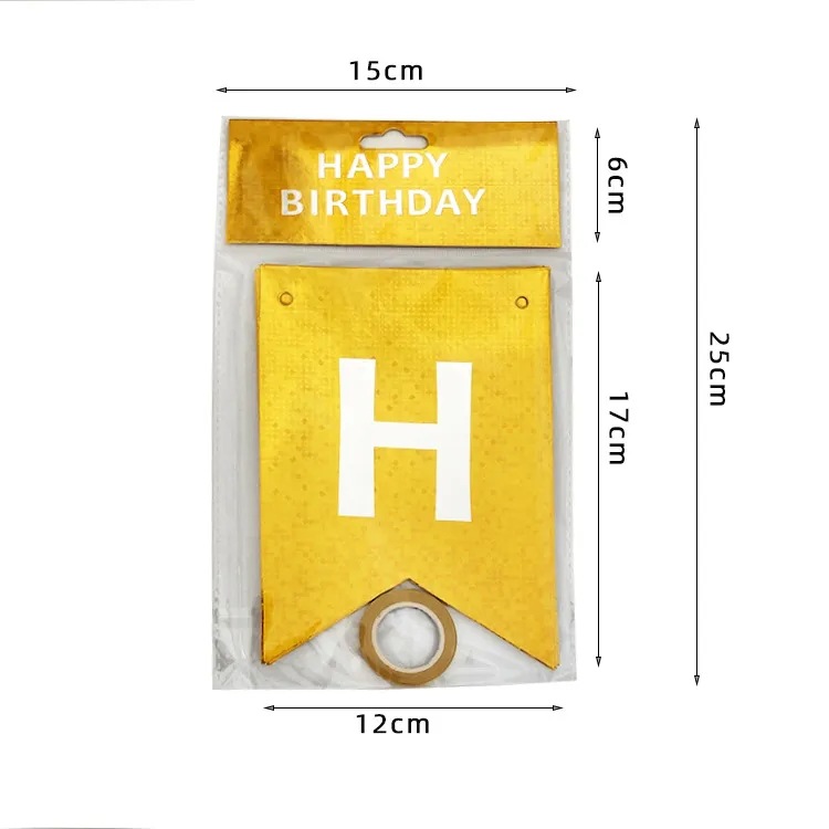 Nuevo papel de aluminio brillante oro Feliz cumpleaños carta cola de pez tire bandera fiesta escena diseño cumpleaños colgando bandera Decoración