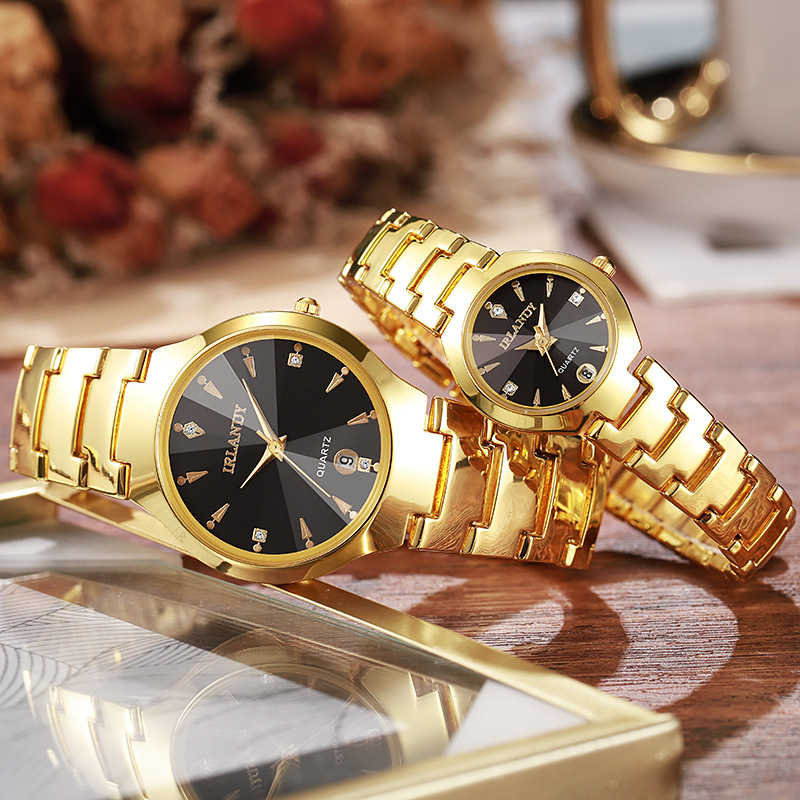 Cross-Border New Fashion Couple Watch Alloy Strap Round Dial Calendar Quartz Watch Personalized Pair Watch Wholesale