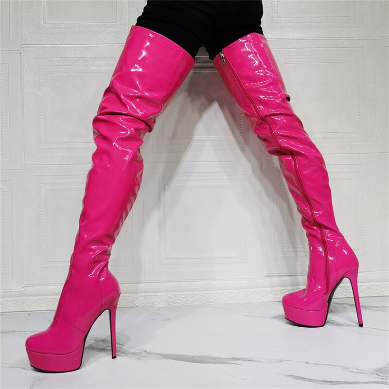 Cross-border Foreign Trade Cross-border AliExpress Waterproof Platform High-heeled Patent Leather Zipper Knee-plus size Women's Long Boots Leg Boots