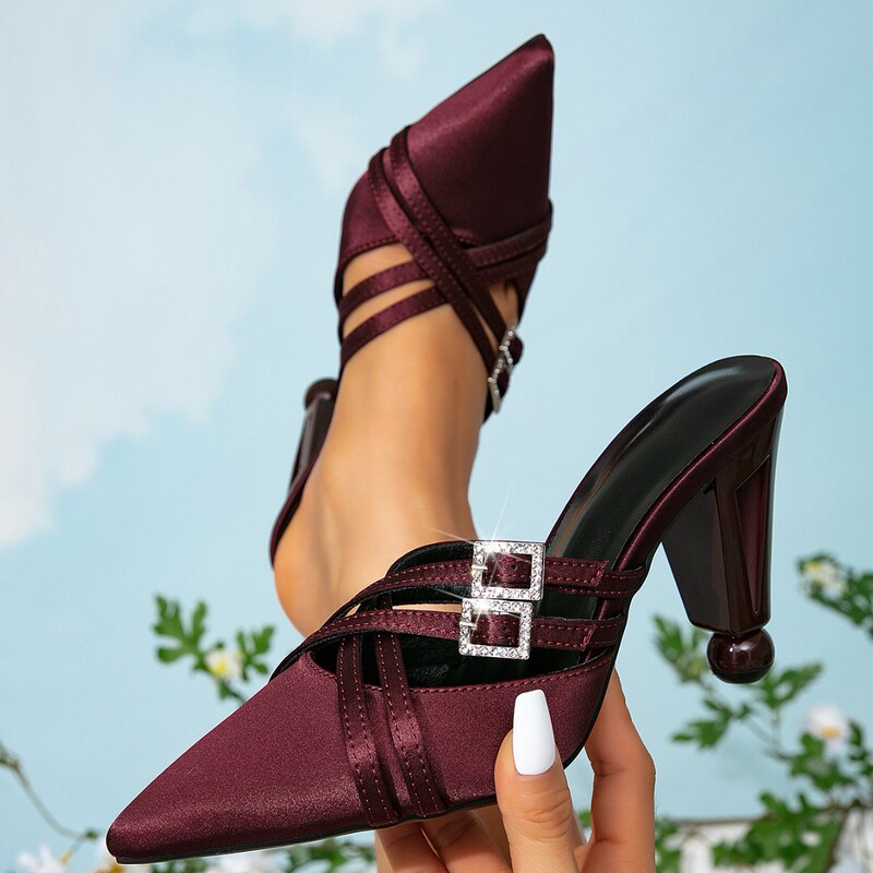 Burgundy Satin Women's Pointed-Toe Mule High-Heeled Slippers—Crystal Buckle Cross-Strap Design Chunky Heel Shoes