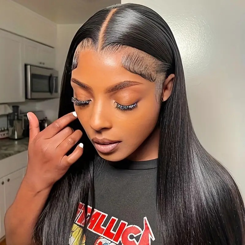 Parrucca in pizzo alla moda con riga centrale, capelli lunghi e lisci, testa intera, sintetica, clip-in con dettagli in pizzo, per uso quotidiano_voghion.com