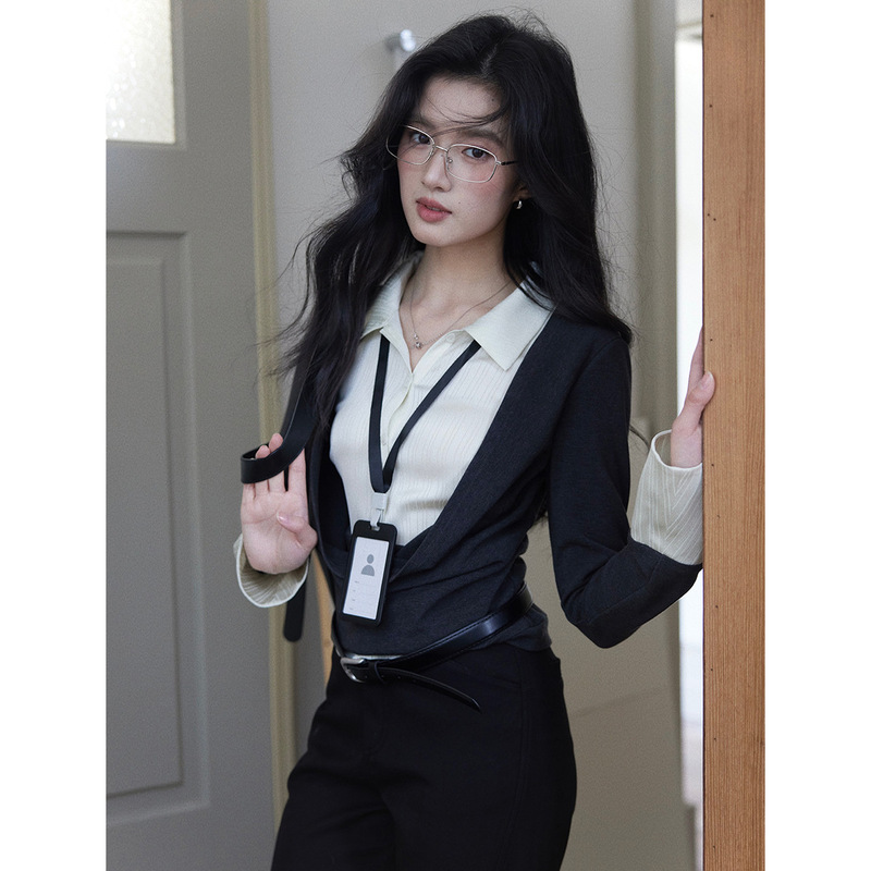 贰羊设计【苏予】假两件衬衫拼接针织衫女新款设计感缎面衬衣|undefined