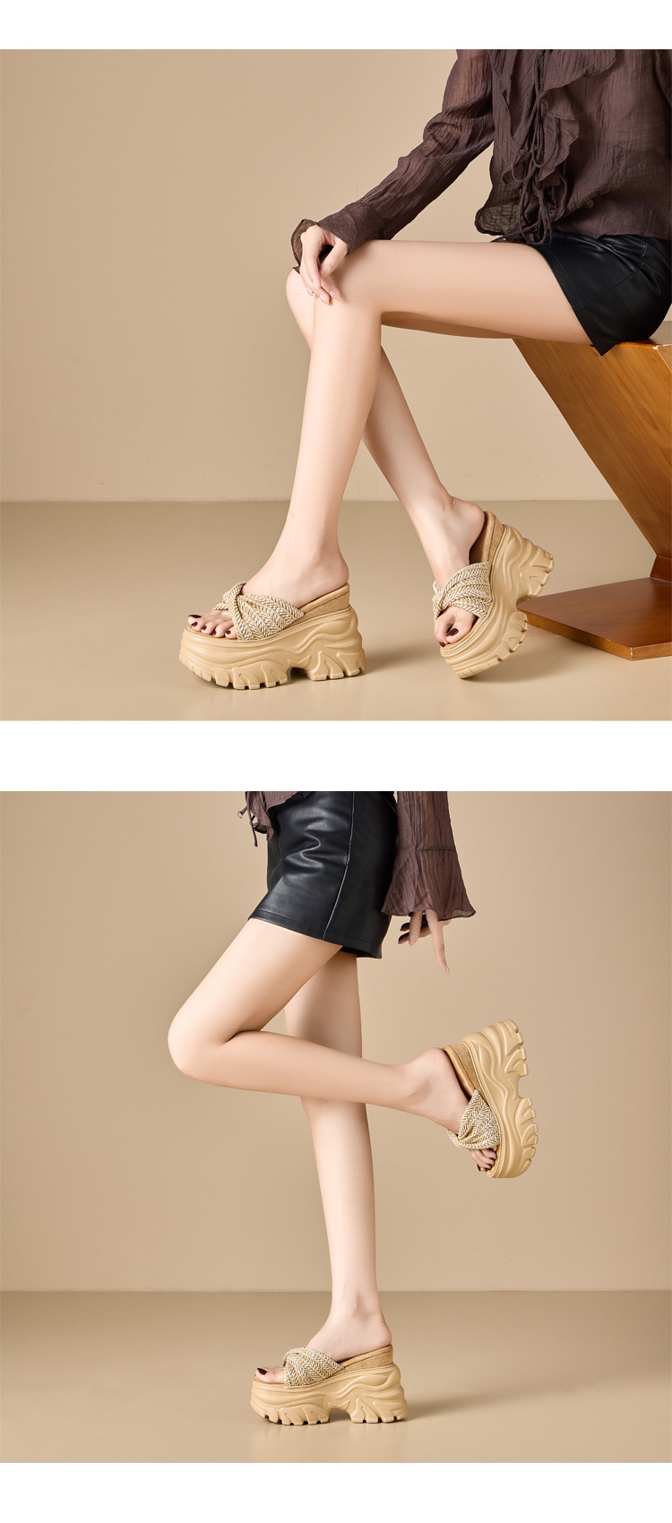 Dép sandal nữ quai chữ V đế xuồng cao gót 12 cm, tôn dáng, phong cách boho — màu trắng ngà, màu mơ chi tiết 7