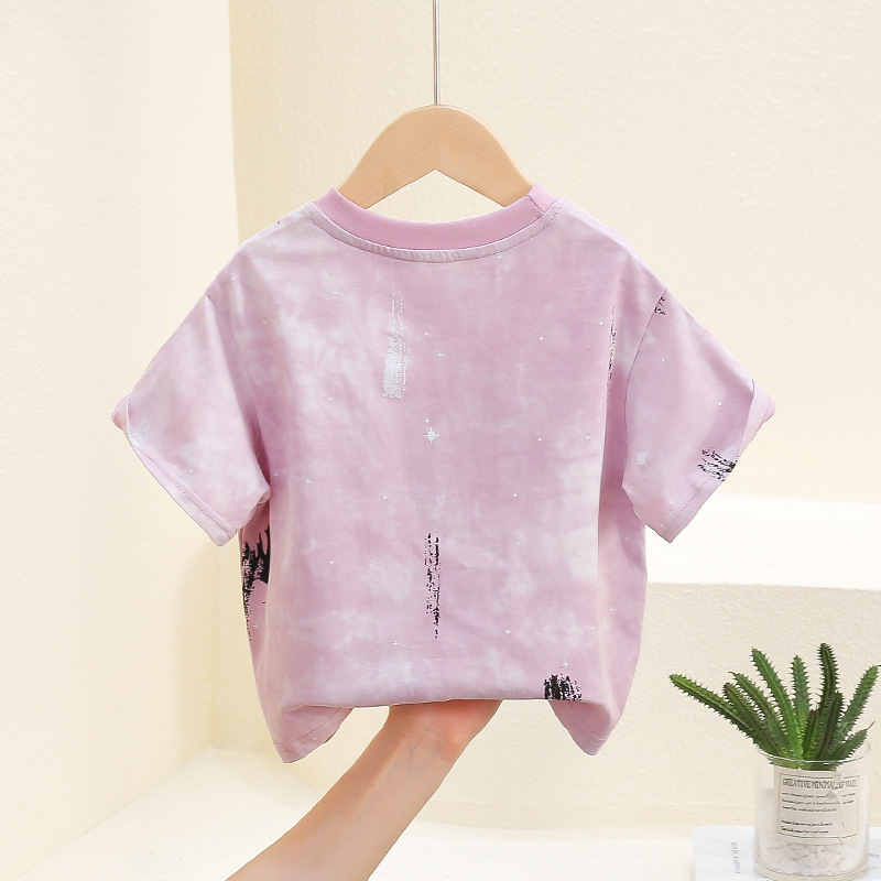 7821 Camiseta de manga corta de verano para niños 2025 nuevo estilo estilo occidental chico guapo rosa tie-dye media manga t top bebé