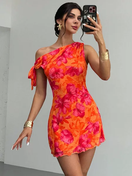 European and American Cross-Border Amazon Independent Site 2026 New Floral Mesh Print Irregular One-Shoulder Dress for Women