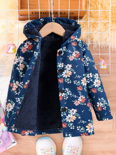 Girls 'coat in winter, new floral hooded European and American style coat for girls, medium and long loose plush coat, trendy