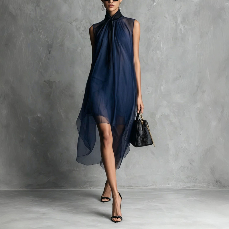 Exclusive cross-border supply for Europe and America: Sleeveless sheer chiffon dress with ribbons, simple and elegant women's clothing, available in multiple colors Exclusive cross-border supply for Europe and America: Sleeveless sheer chiffon dress with ribbons, simple and elegant women's clothing, available in multiple colors