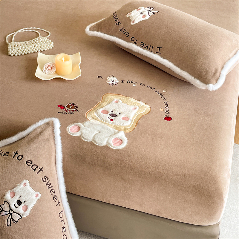 Class a 230g Fitted Sheet, Fully Matte Embroidered Milk Velvet Fleece-Lined Flannel Winter Mattress Protector, Simple Style