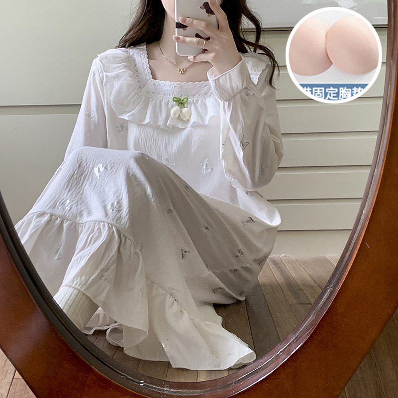 睡裙春秋季女款带胸垫云朵棉薄款长袖睡衣甜美公主风家居服可外穿|undefined