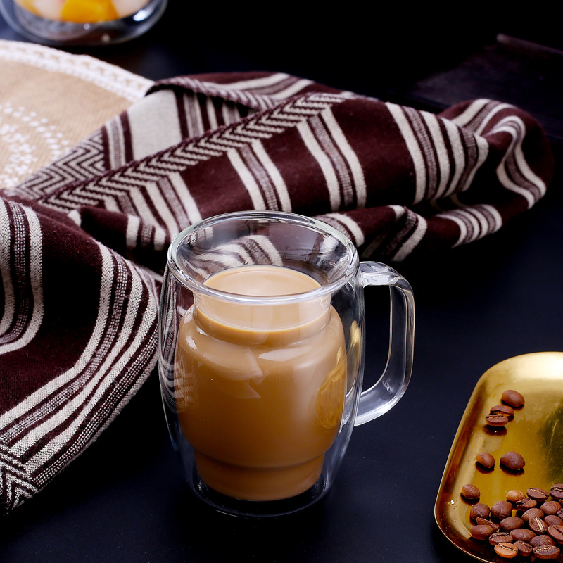 Taza de agua con aislamiento de doble capa con mango taza de café transparente de vidrio borosilicato tienda de bebidas frías taza de jugo de té de leche taza de doble capa taza