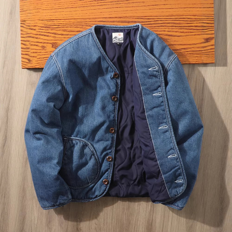 Japanese-Style Niche! Autumn and Winter Solid Color Washed Denim Cotton Jacket for Men, Quilted Warm Collarless Cotton Coat
