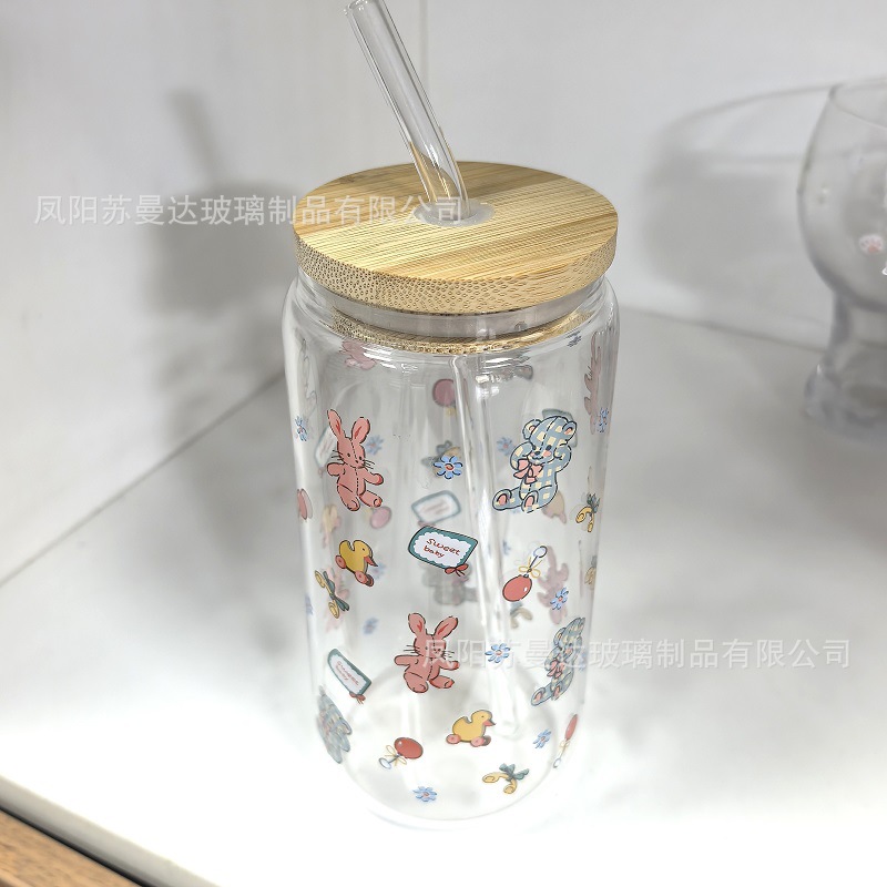새로운 격자 무늬 곰 + 나무 뚜껑 + 유리 빨대