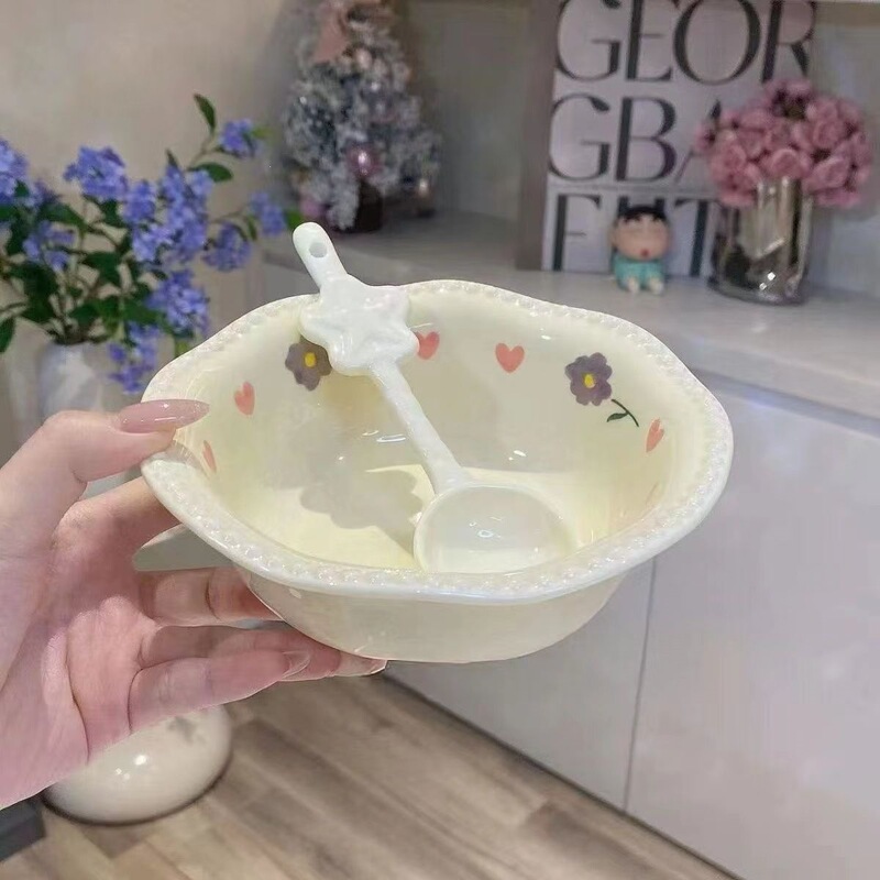 Creamy Yellow Pearl Wisteria Flower Dessert Salad Star Ceramic Ins-Style Set Tableware Breakfast Rice Bowl High Aesthetic Value Exquisite