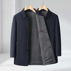 品牌桑蚕丝风衣男中长款爸爸上衣单排扣休闲外套新款商务秋季扣版