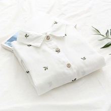 日系文艺小清新树叶印花双层棉纱白色长袖衬衫女衬衣14066