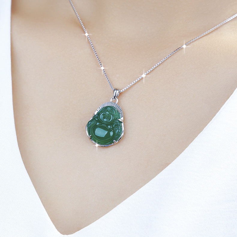 Dây chuyền bạc sterling nữ mặt dây chuyền đá chalcedony hình hạt đậu bốn mùa chi tiết 3