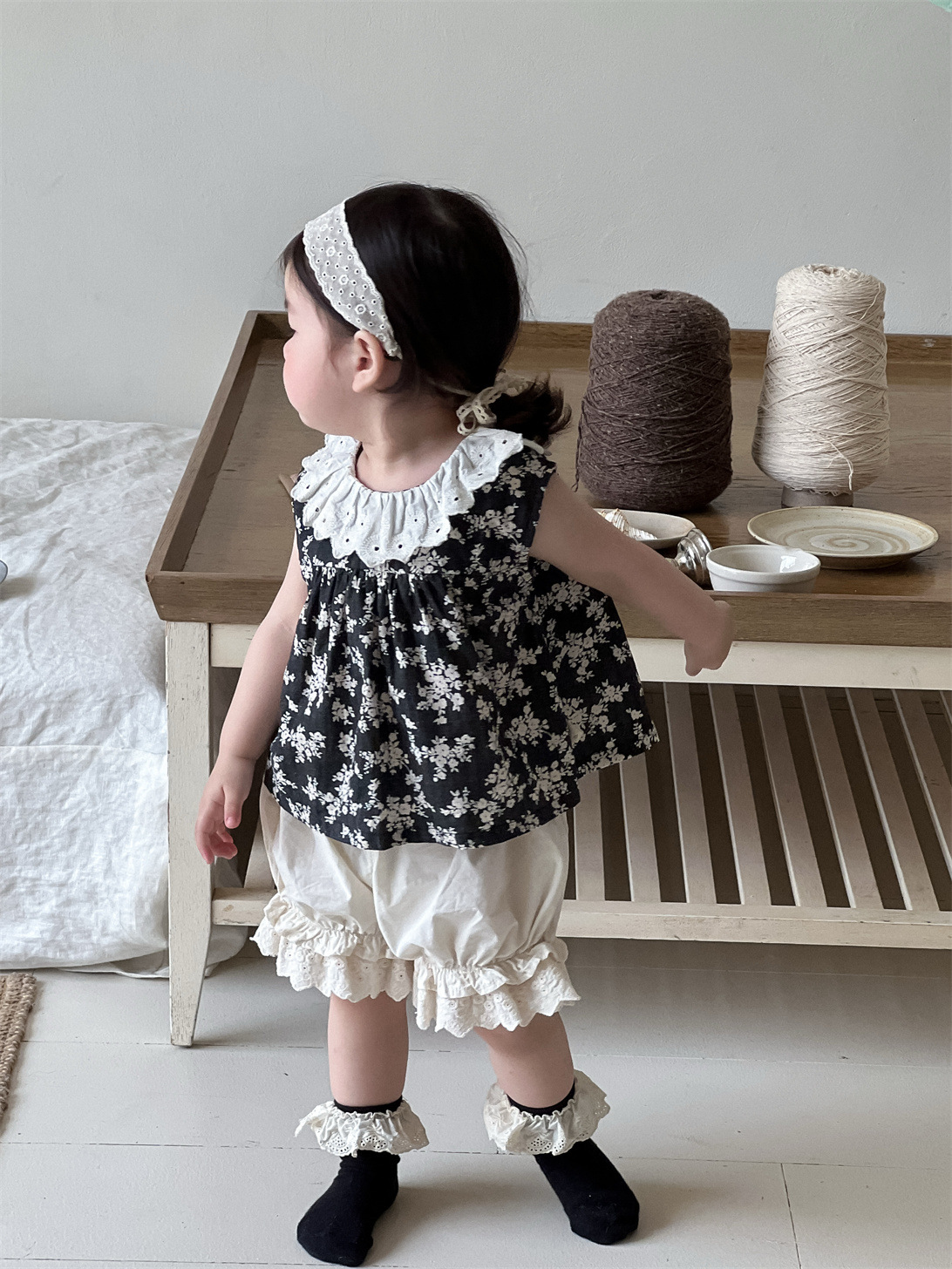 Ropa de verano fina para niñas 2026, nueva camisa floral de estilo coreano con encaje y pantalones cortos para niñas image 3