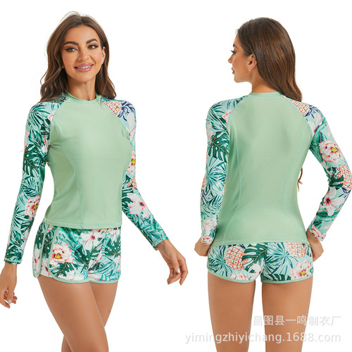 Euro-American diving and surfing suit, long-sleeved, fashionable, sun-protective, printed, split women's swimsuit