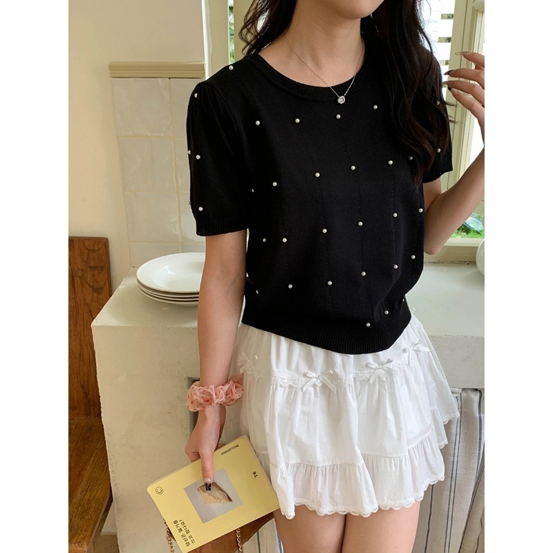3thモーニング小香風デザイン感温柔風釘珠丸襟ニット半袖ZY3033