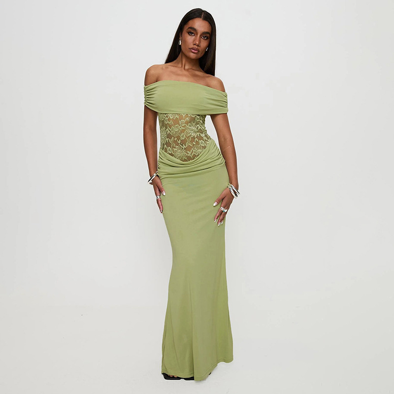 Sanhu Lianjiang G25Ds026 European and American Women's Spring and Summer New Pure Color Off-Shoulder Splicing Lace Maxi Dress for Women