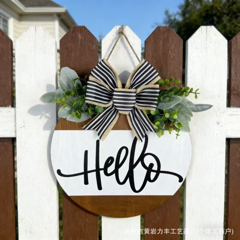Modern Style Hello Wreath Front Door Decoration Round Welcome Wooden Sign with Bow Wooden Door Sign Wholesale Modern Style Hello Wreath Front Door Decoration Round Welcome Wooden Sign with Bow Wooden Door Sign Wholesale