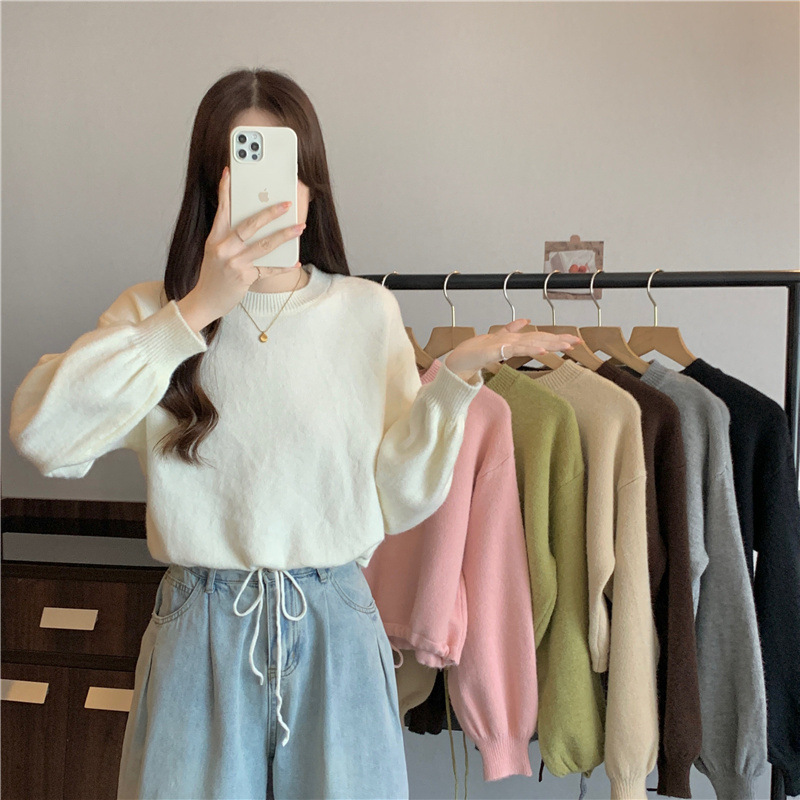 Coreano de color sólido simple perezoso estilo pequeño suéter de moda de otoño y invierno de cuello redondo cuerdas sueltas jersey de tendencia