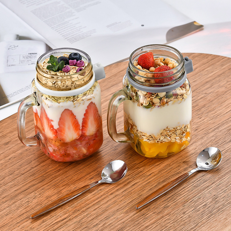 高颜值便携隔夜早餐燕麦玻璃杯带勺子便携把手杯牛奶杯奶茶杯批发