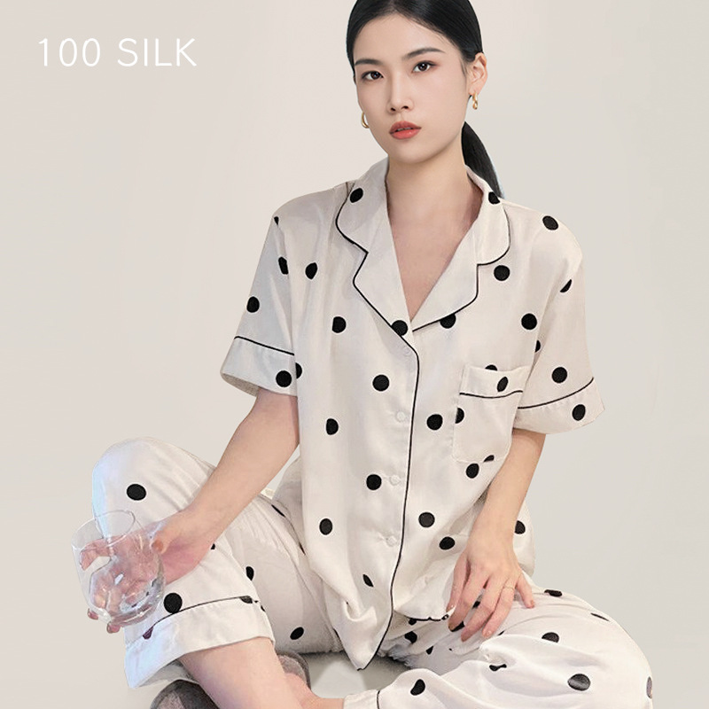 Gift-Giving High-End Silk Pajamas for Women 100% Mulberry Silk Short-Sleeved Suit Polka Dot Print Women's Cute Home Clothes