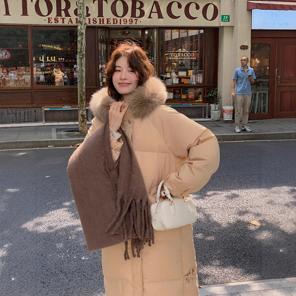 Champs Song Large Fur Collar down Jacket for Women 2025 New Hooded Thickeneded Mid-Length White Duck down Slim Jacket Winter