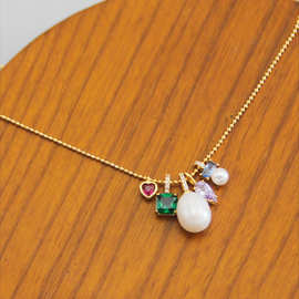外贸饰品养殖珍珠彩色锆石多元素短款项链