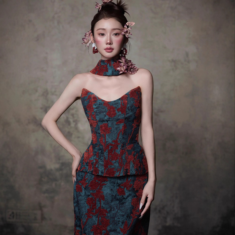 Morning Dress for Female Bride, Morning Robe, Retro Blue and Red Design, Engagement Evening Dress, Two-Piece Suit, Toast Suit