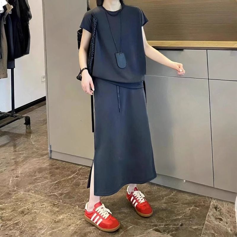 外贸大码时尚气宽松显瘦洋气质欧系纯色休闲套装半身裙短袖两件套|undefined