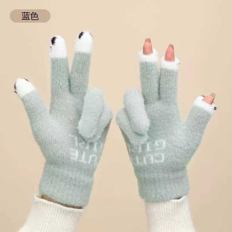Guantes de peluche de otoño y invierno damas guantes de punto de peluche caliente antifría engrosado guantes lindos de dibujos animados al por mayor