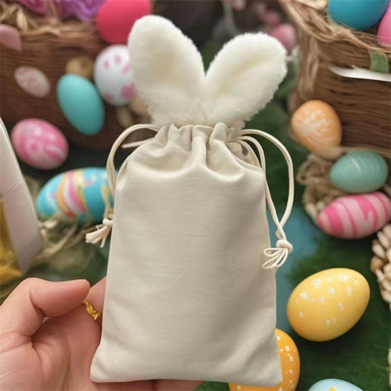 2025现货复活节棉布束口袋节日派对礼品袋兔耳朵糖果袋Easter Bag