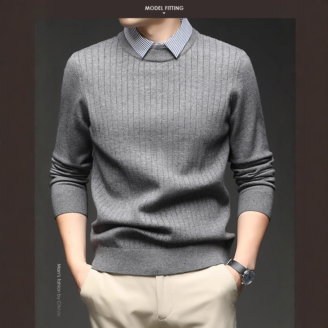 Camisas de punto para hombre simple nuevo falso de alta gama de dos piezas chaqueta casual otoño invierno chaqueta de rayas verticales cabeza suéter de manga larga