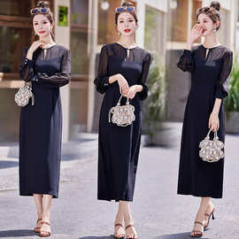 商务休闲连衣裙女通勤中长款拼接半透肩袖后中开衩气质修身优雅