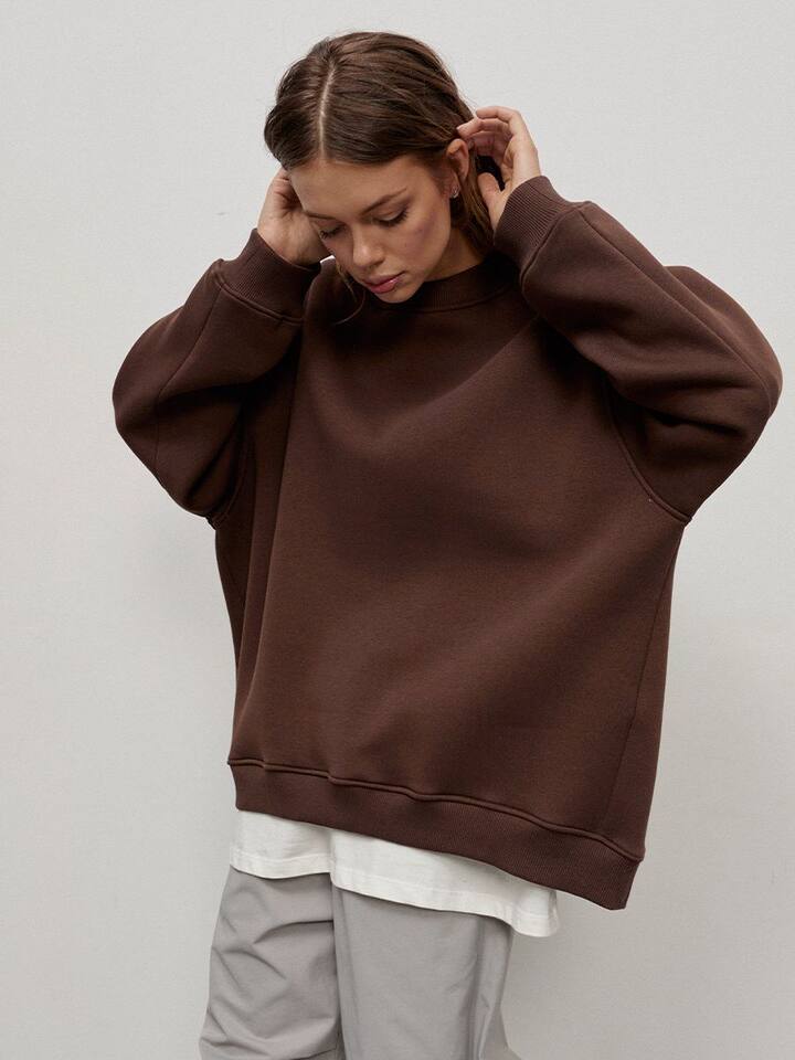 Áo sweatshirt nữ cổ tròn dáng rộng oversize tay dài chất liệu nỉ lông — Hoa màu xám, Màu cà phê, Màu trắng, Xanh navy chi tiết 26
