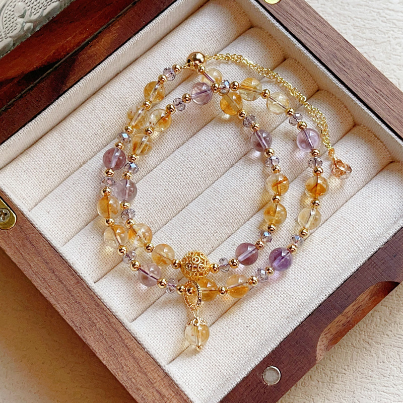 Natural Yellow Pagoda Crystal Amethyst Tassel Double Circle Bracelet High-End Design Crystal Bracelet Versatile Fashion Literary