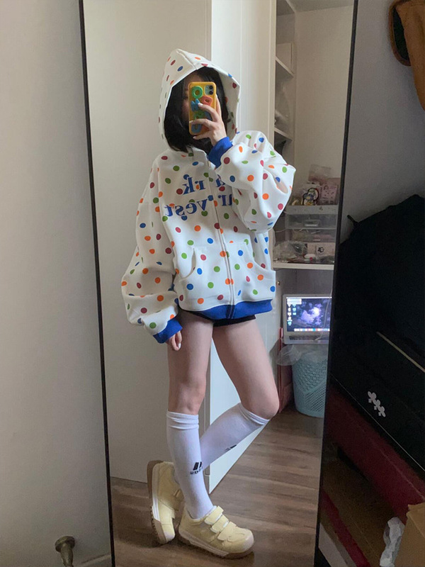 美式高街彩虹波点字母刺绣连帽卫衣女秋季新款设计感小众开衫外套|undefined